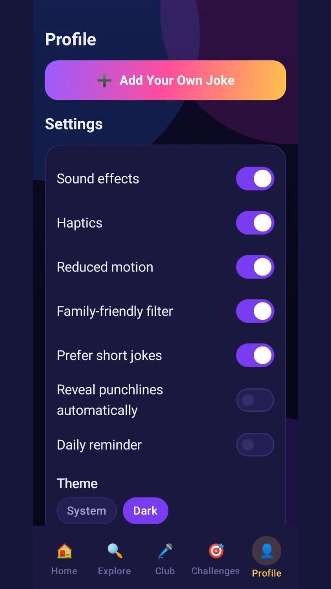 Settings and theme