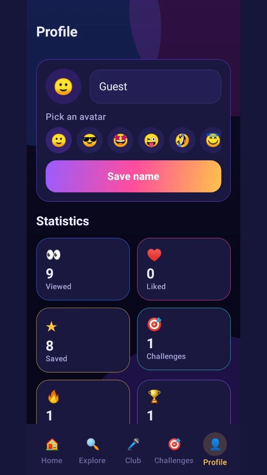 Profile screen with avatar picker and statistics cards
