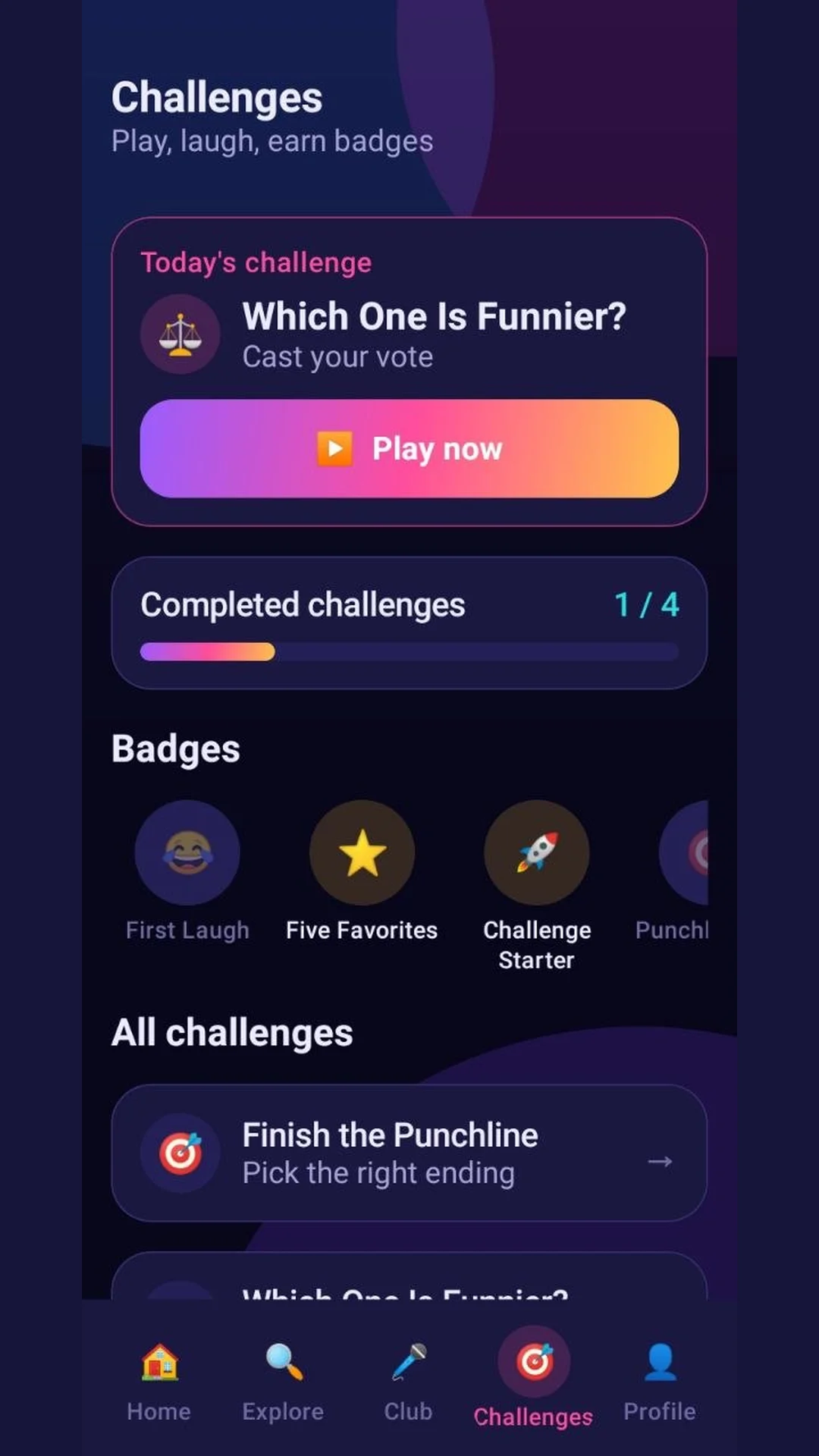 Challenges screen with today's challenge, progress bar and badges