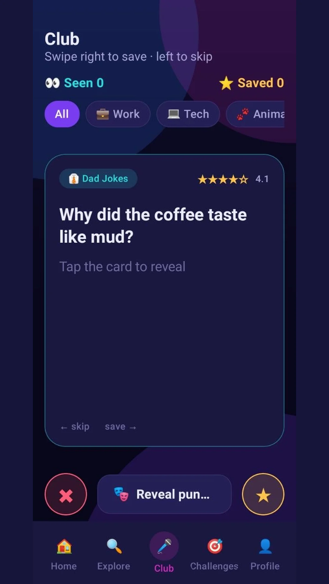 Club screen with a swipeable joke card and save or skip actions