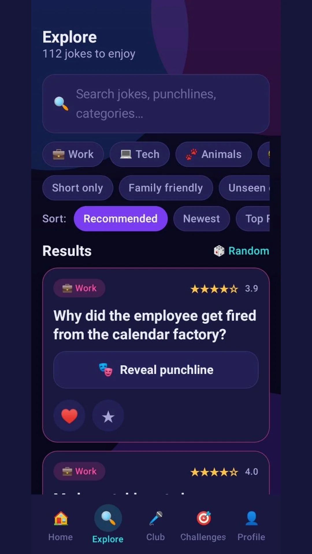 Explore screen with search, category chips and sort options