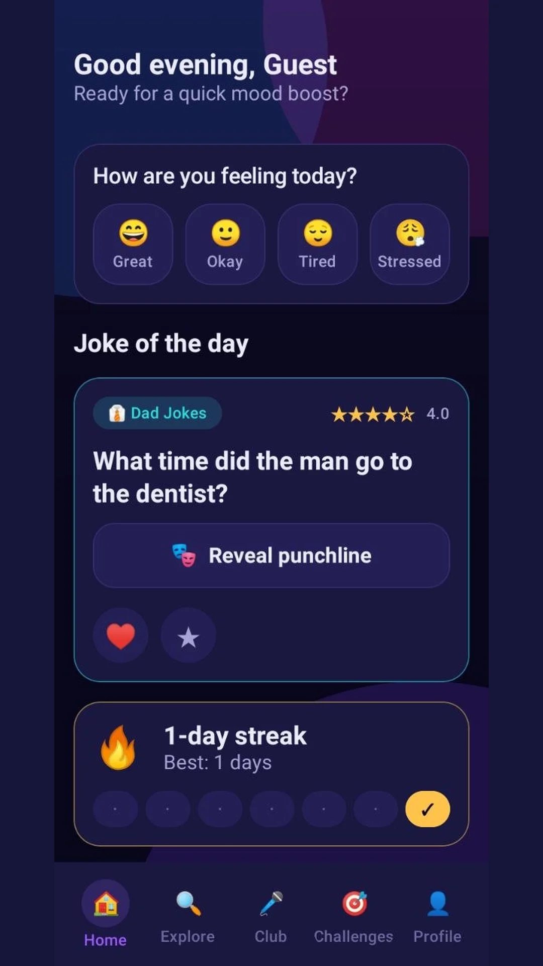 Book of Dead home screen with a mood check-in and joke of the day